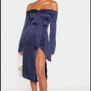 Pretty little thing navy satin Bardot dress PLT